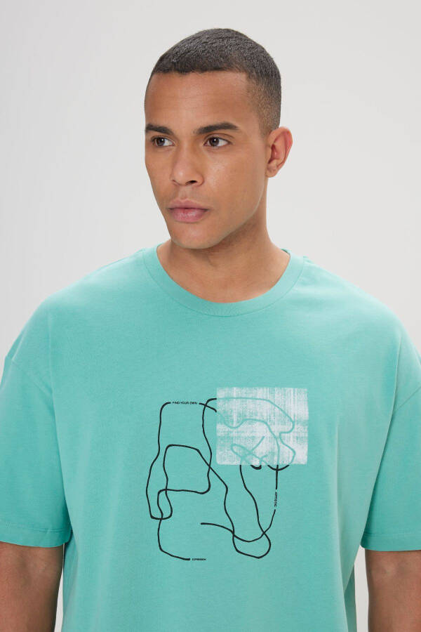 Men's Mint Oversize Loose Fit Crew Neck 100% Cotton Printed T-Shirt - 4