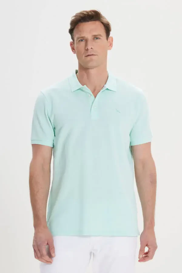 Men's Mint Slim Fit Polo Collar 100% Cotton Short Sleeve T-Shirt - 1