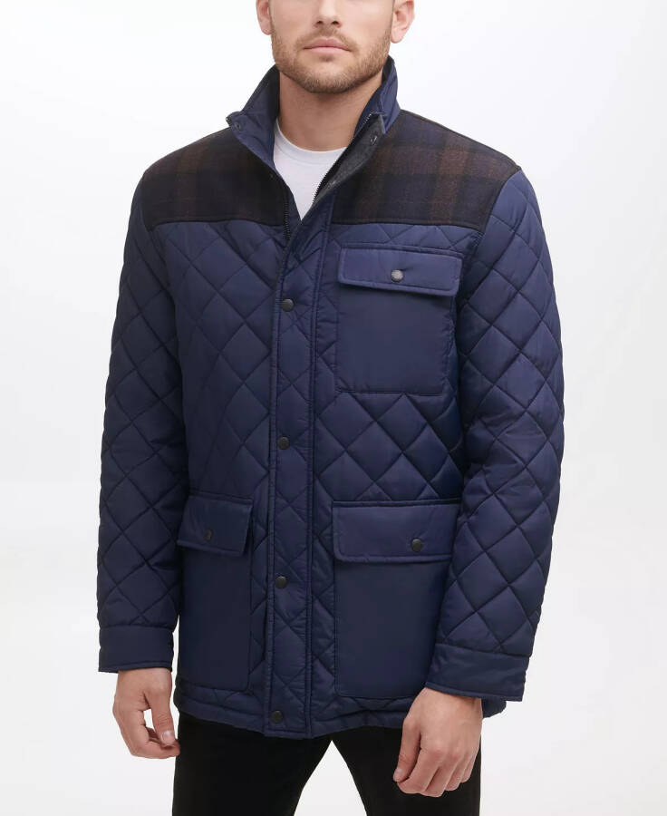 Men's Mixed Media Diamond-Like Quilt Coat Navy - 3