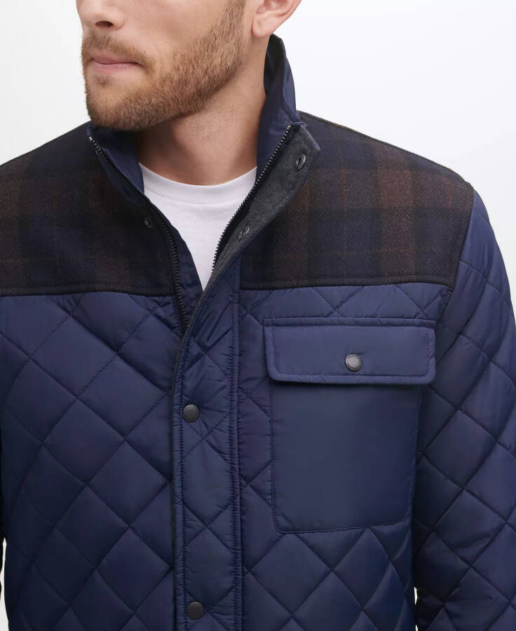 Men's Mixed Media Diamond-Like Quilt Coat Navy - 4