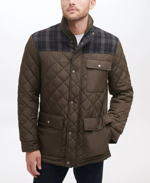 Men's Mixed Media Diamond-Like Quilt Coat Olive - 3