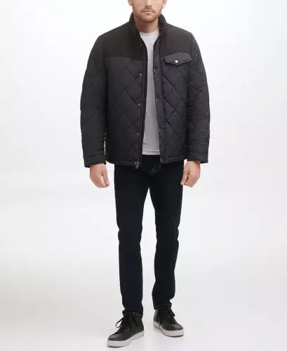 Men's Mixed Media Diamond Quilt with Faux Sherpa Lining Coat-Black - 1