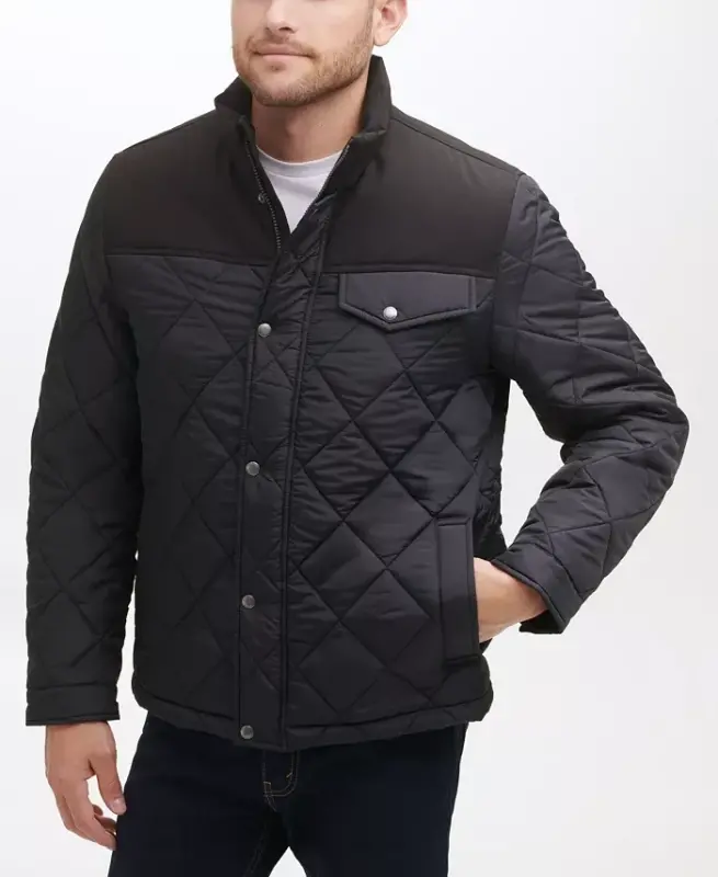 Men's Mixed Media Diamond Quilt with Faux Sherpa Lining Coat-Black - 2