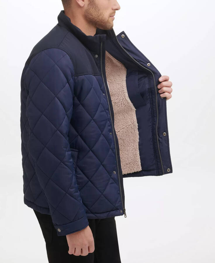 Men's Mixed Media Diamond Quilt with Faux Sherpa Lining Coat Navy - 2