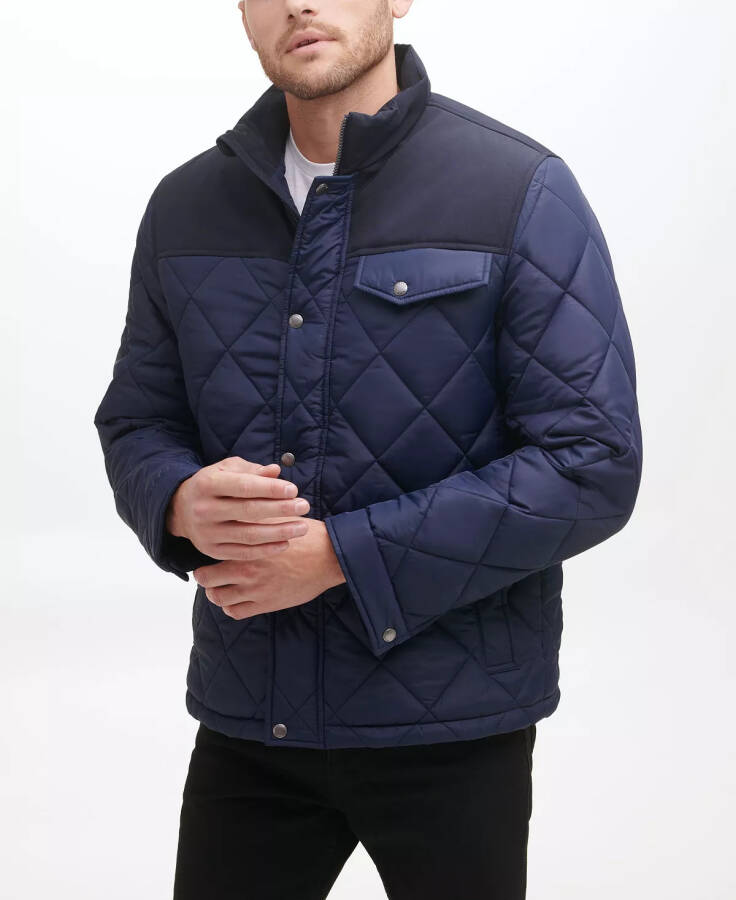 Men's Mixed Media Diamond Quilt with Faux Sherpa Lining Coat Navy - 3