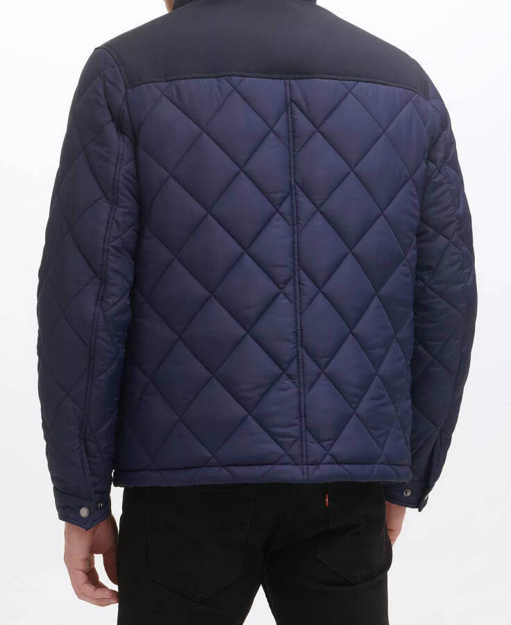 Men's Mixed Media Diamond Quilt with Faux Sherpa Lining Coat Navy - 5