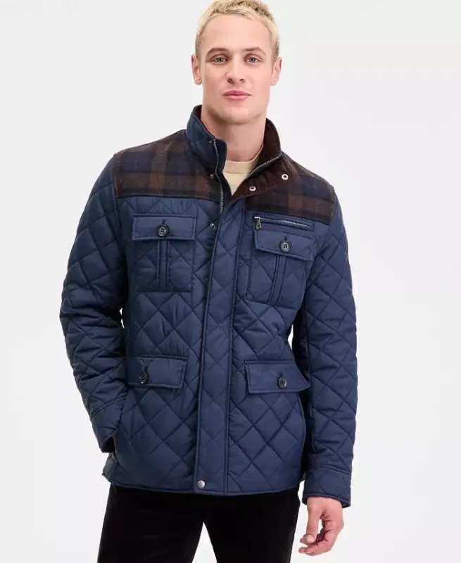 Men's Mixed Media Quilted Jacket - Navy - 1