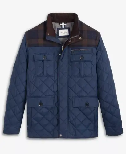 Men's Mixed Media Quilted Jacket - Navy - 3