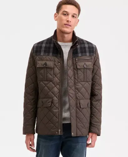 Men's Mixed Media Quilted Jacket - Olive 
