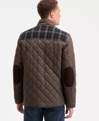 Men's Mixed Media Quilted Jacket - Olive - 5