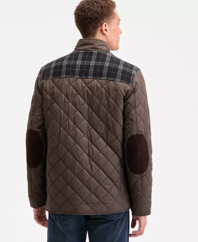 Men's Mixed Media Quilted Jacket - Olive - 5