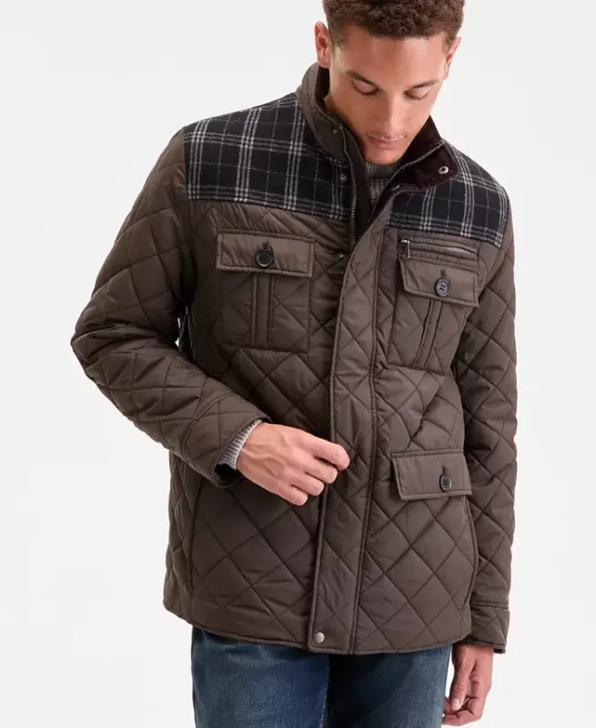 Men's Mixed Media Quilted Jacket - Olive - 2