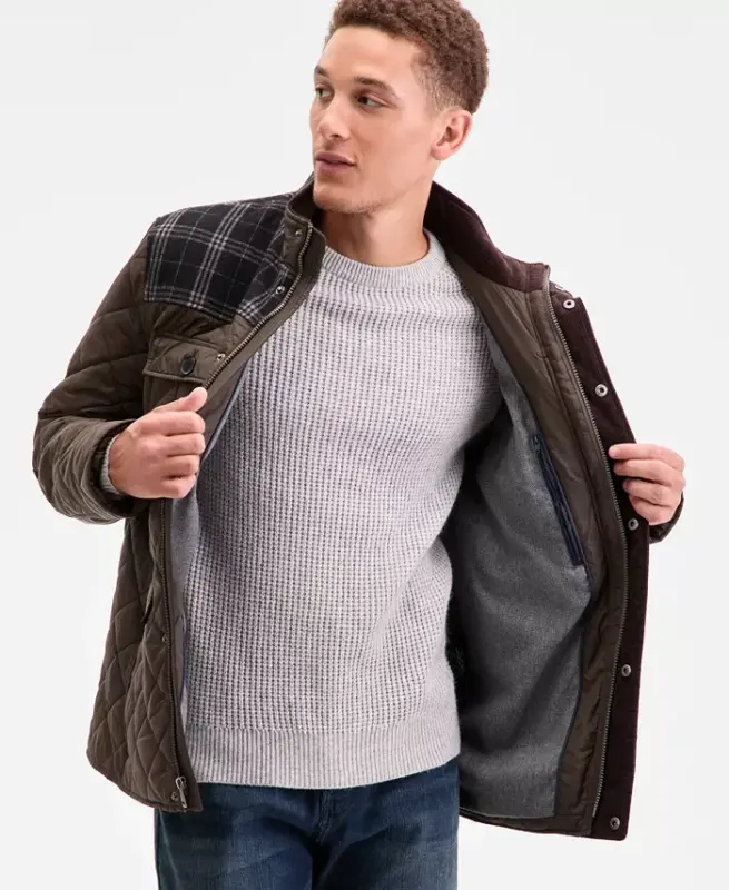 Men's Mixed Media Quilted Jacket - Olive - 4