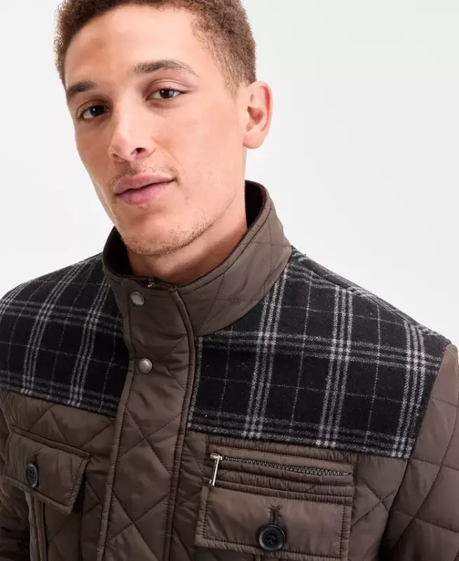 Men's Mixed Media Quilted Jacket - Olive - 3