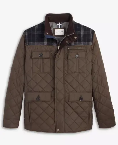 Men's Mixed Media Quilted Jacket - Olive - 6