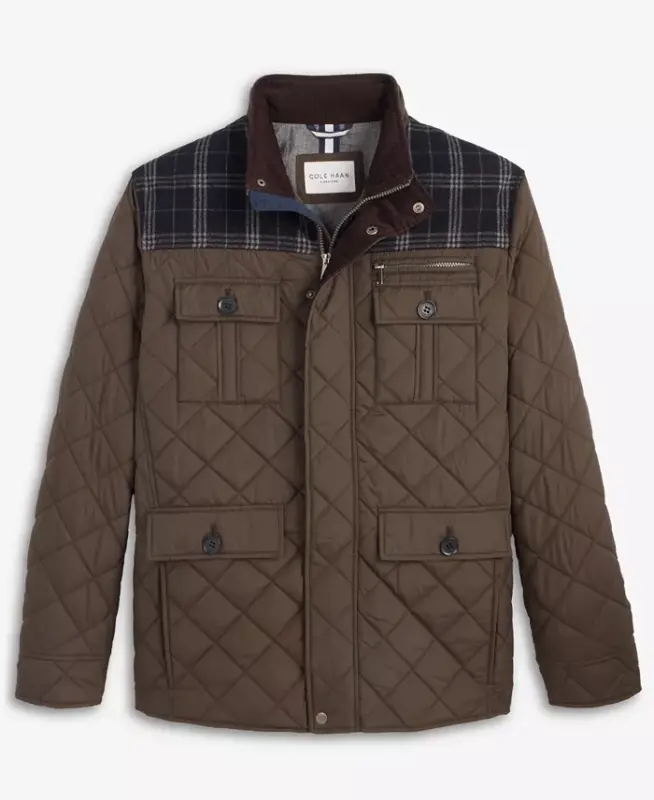 Men's Mixed Media Quilted Jacket - Olive - 6