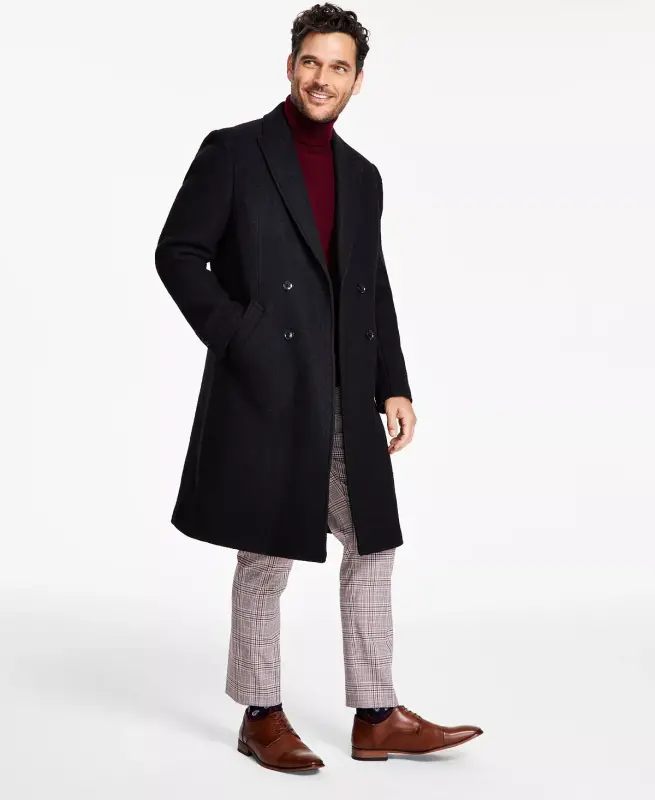 Men's Modern-Fit Solid Double-Breasted Overcoat - 1