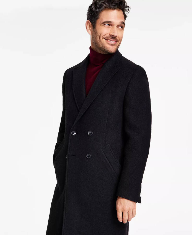 Men's Modern-Fit Solid Double-Breasted Overcoat Black - 3