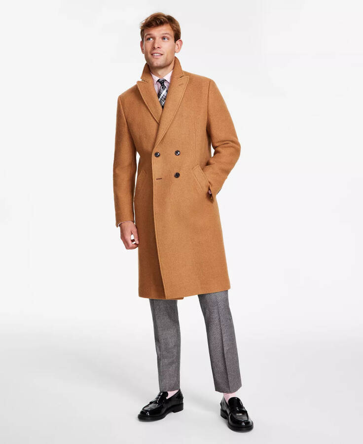 Men's Modern-Fit Solid Double-Breasted Overcoat Camel - 1