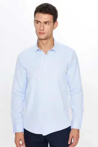 Men's Modern Slim Fit Long Sleeve Cotton Easy Iron Armoured Blue Shirt - TUDORS (1)