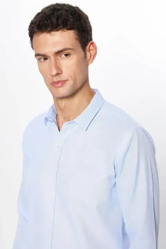 Men's Modern Slim Fit Long Sleeve Cotton Easy Iron Armoured Blue Shirt - 3