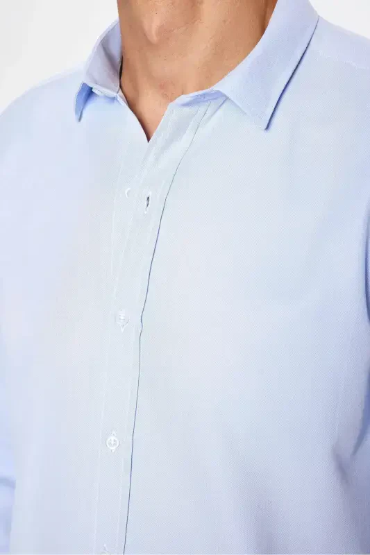 Men's Modern Slim Fit Long Sleeve Cotton Easy Iron Armoured Blue Shirt - 4