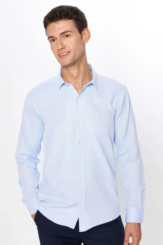 Men's Modern Slim Fit Long Sleeve Cotton Easy Iron Armoured Blue Shirt - 1