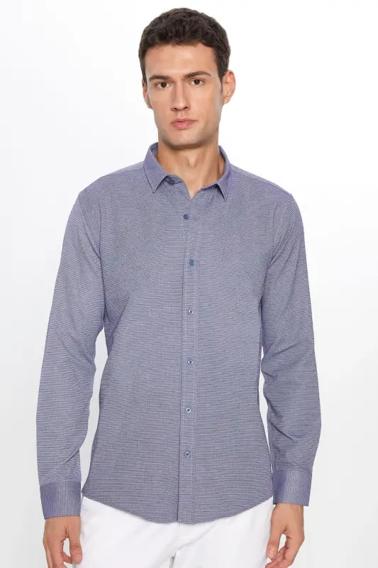 Men's Modern Slim Fit Long Sleeve Cotton Easy Iron Armoured Blue Shirt - TUDORS