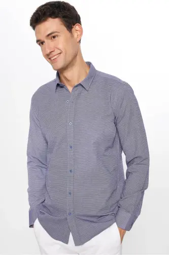 Men's Modern Slim Fit Long Sleeve Cotton Easy Iron Armoured Blue Shirt - TUDORS (1)