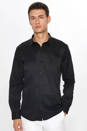 Men's Modern Slim Fit Long Sleeve Cotton Easy Iron Wrinkle-Free Black Shirt - TUDORS (1)