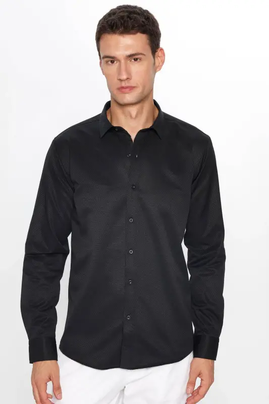 Men's Modern Slim Fit Long Sleeve Cotton Easy Iron Wrinkle-Free Black Shirt - 1