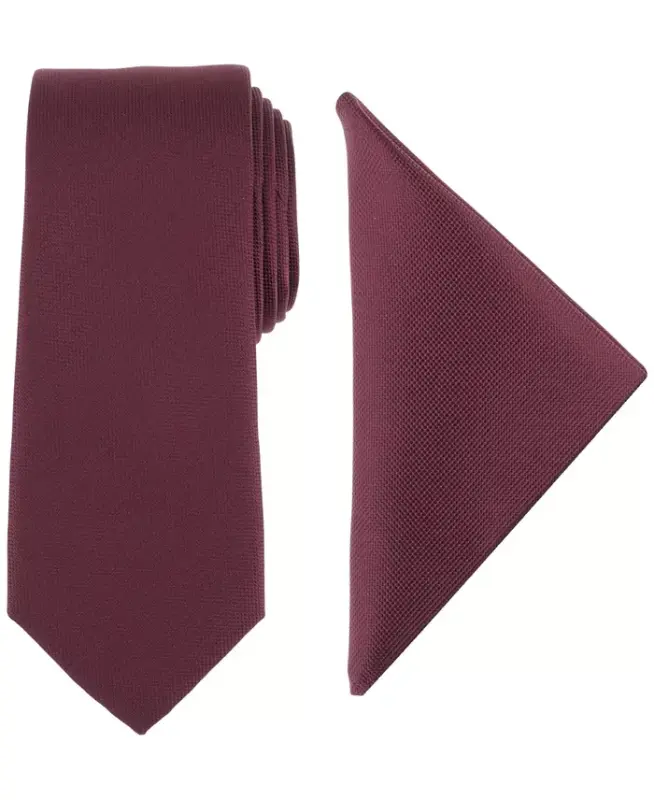 Men's Modern Textured Tie & Pocket Square Set, Created for Modazone - Burgundy - 1