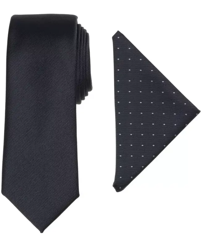 Men's Modern Textured Tie & Pocket Square Set, Created for Modazone - Charcoal Gray - ALFANI