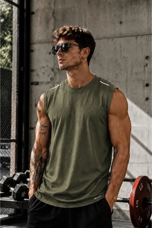 Men's Moisture Wicking Quick Dry Athletic Tech Performance Athlete Sleeveless T-shirt Gym 108-KHAKI - 1