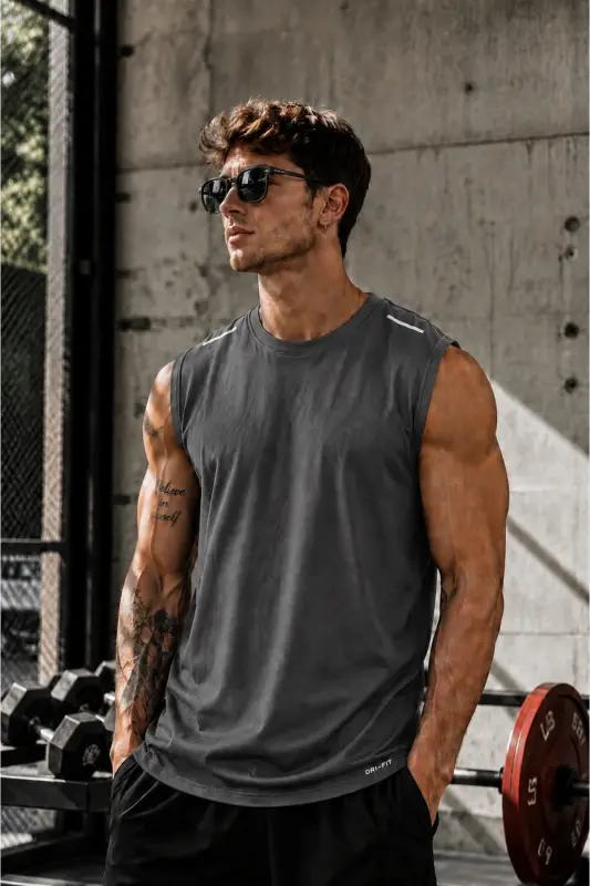Men's Moisture Wicking Quick Dry Athletic Tech Performance Sleeveless T-shirt Gym 108-ANTHRACITE - 1