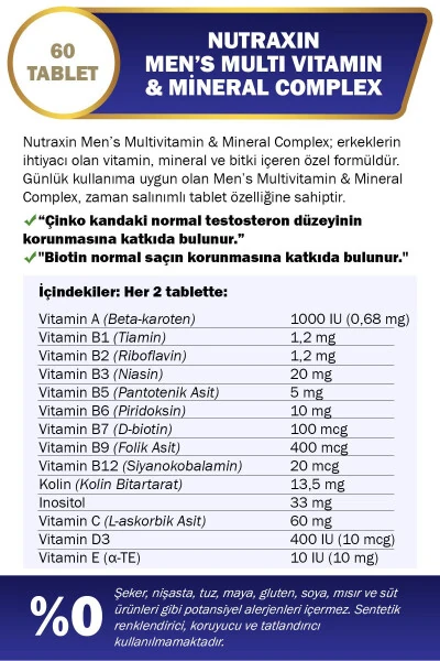 Men's Multi Vitamin and Minerals Complex Supplement 60 Tablets - 3