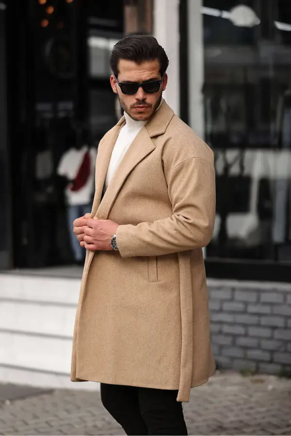 Men's Mustard Belted Oversized Relaxed Fit Wool Coat - 5