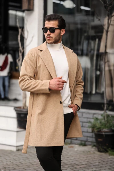 Men's Mustard Belted Oversized Relaxed Fit Wool Coat - 6