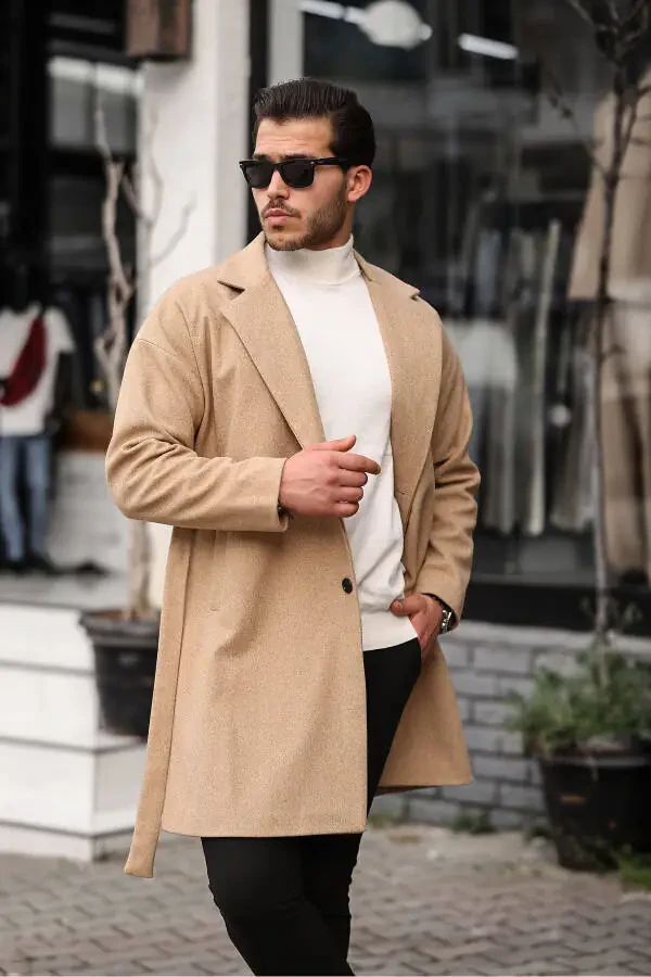 Men's Mustard Belted Oversized Relaxed Fit Wool Coat - 6