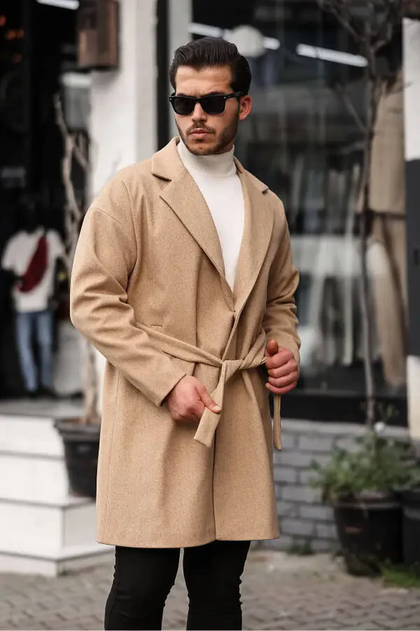 Men's Mustard Belted Oversized Relaxed Fit Wool Coat - 1