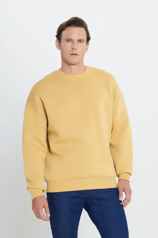 Men's Mustard Oversize Fit Loose Fit Cotton Fleece Lined 3 Thread Crew Neck Sweatshirt-Mustard - AC&CO / ALTINYILDIZ CLASSICS