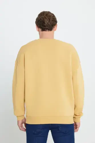 Men's Mustard Oversize Fit Loose Fit Cotton Fleece Lined 3 Thread Crew Neck Sweatshirt-Mustard - 5