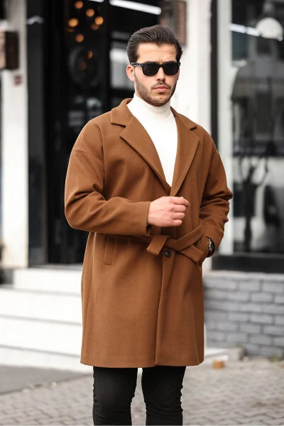 Men's Mustard Oversized Relaxed Fit Check Overcoat with Belt - 5