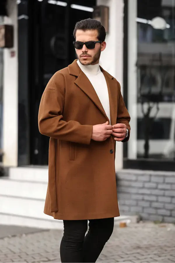 Men's Mustard Oversized Relaxed Fit Check Overcoat with Belt - 8