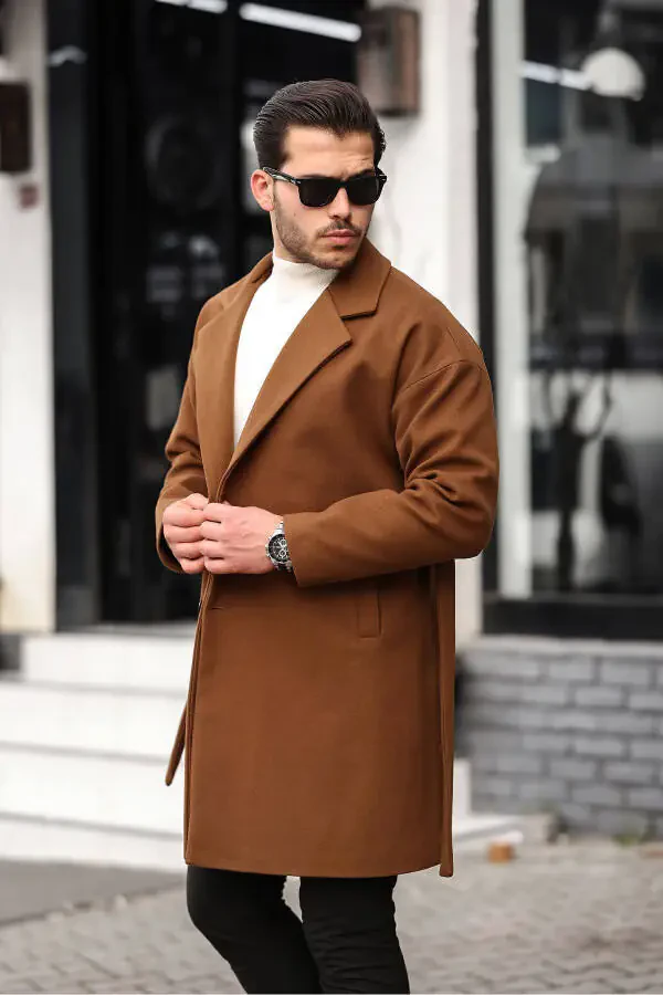 Men's Mustard Oversized Relaxed Fit Check Overcoat with Belt - 2