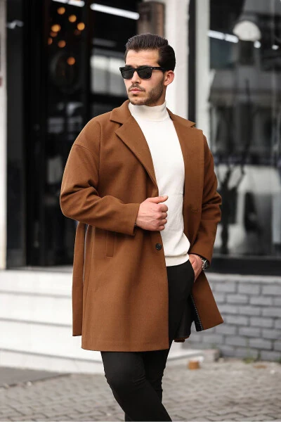 Men's Mustard Oversized Relaxed Fit Check Overcoat with Belt - 3