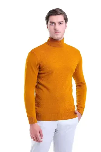 Men's Mustard Regular Fit Patterned Turtleneck Knit - 1