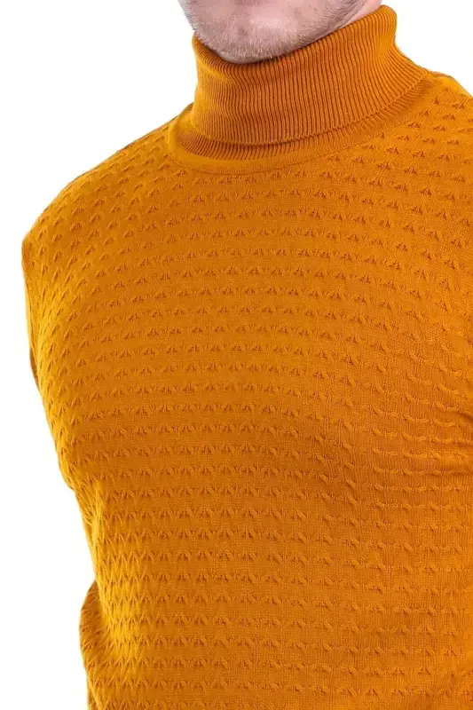 Men's Mustard Regular Fit Patterned Turtleneck Knit - 4