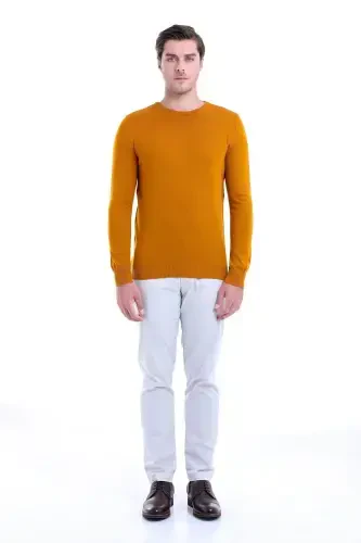 Men's Mustard Regular Fit Plain Crew Neck Knitwear K - 3