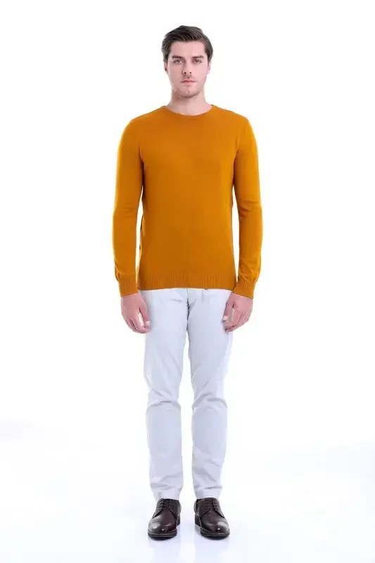 Men's Mustard Regular Fit Plain Crew Neck Knitwear K - 3